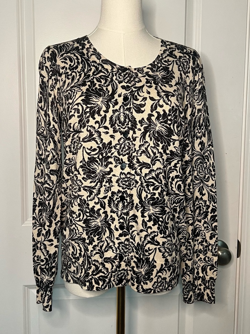 Talbots Women’s Cardigan Sweater Black & Ivory Floral Gold Glitter Career Sz M